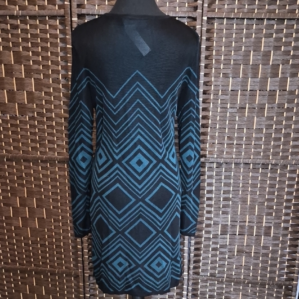 Trina Turk Black and Teal Geometric Long Sleeve Dress - Picture 3 of 6